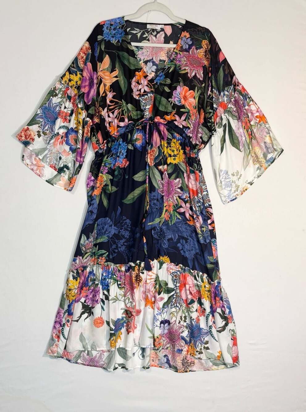 Johnny Was Floral Print Silk Tiered Midi Dress with Bell Sleeves